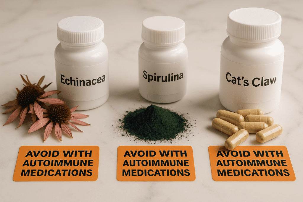 Echinacea, Spirulina, and Cat's Claw shown with caution labels for autoimmune conditions