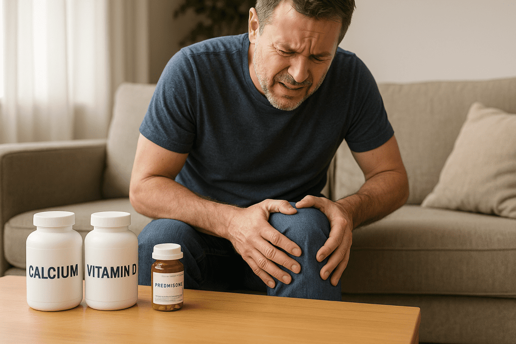 Man with joint pain beside calcium and steroid medication