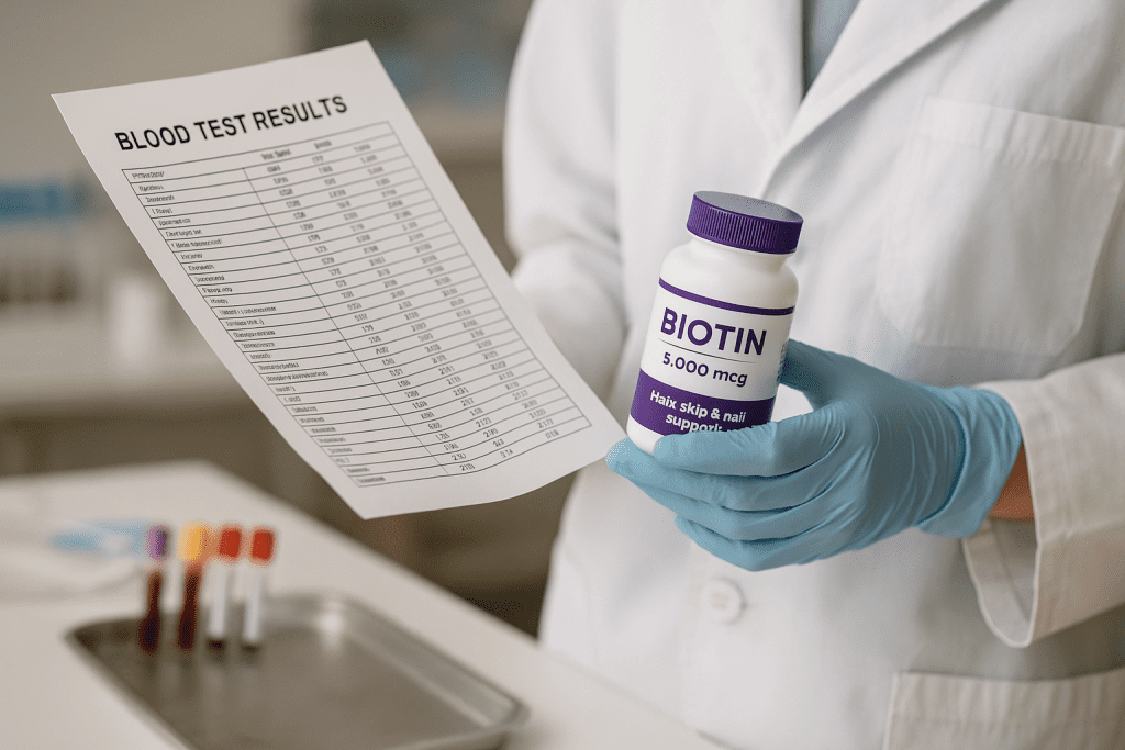 Lab technician reviewing blood test results with biotin supplement in hand