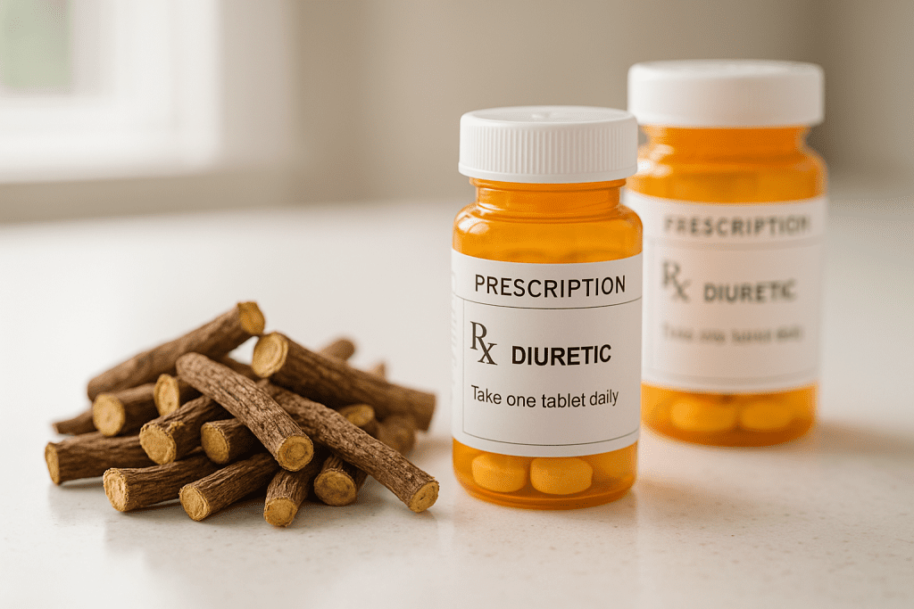 Licorice root and diuretic medication on white counter