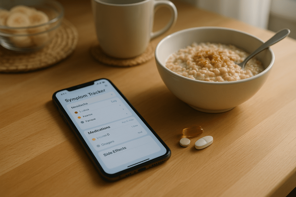 symptom tracking app supplements on phone next to breakfast