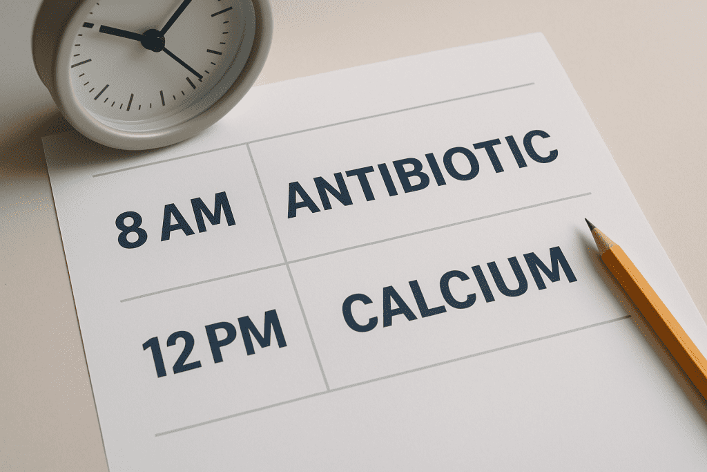 Timing chart for safe antibiotic and calcium supplement scheduling