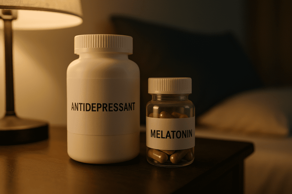 Melatonin and antidepressant bottles side by side on nightstand