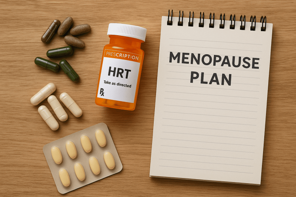 Menopause supplements and hormone therapy on wood with treatment plan note