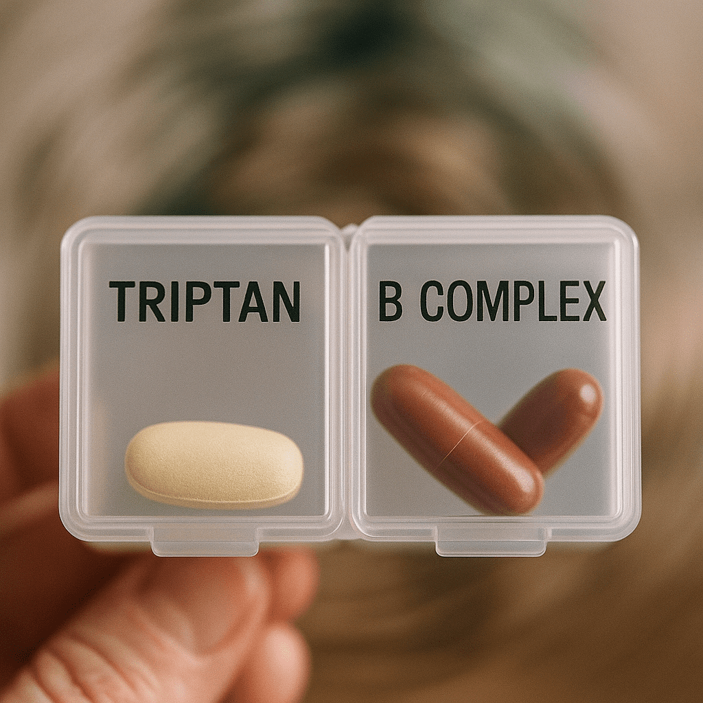 Triptan and B complex pills in weekly organizer, blurry background
