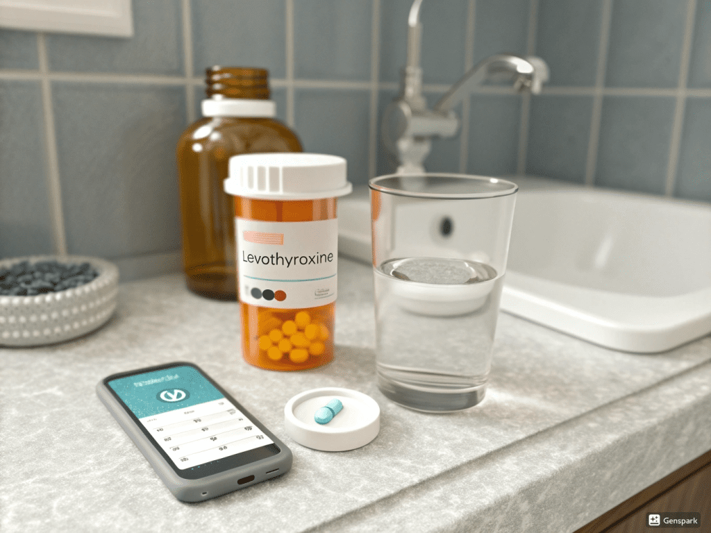 Levothyroxine morning routine with pill bottle and medication timer