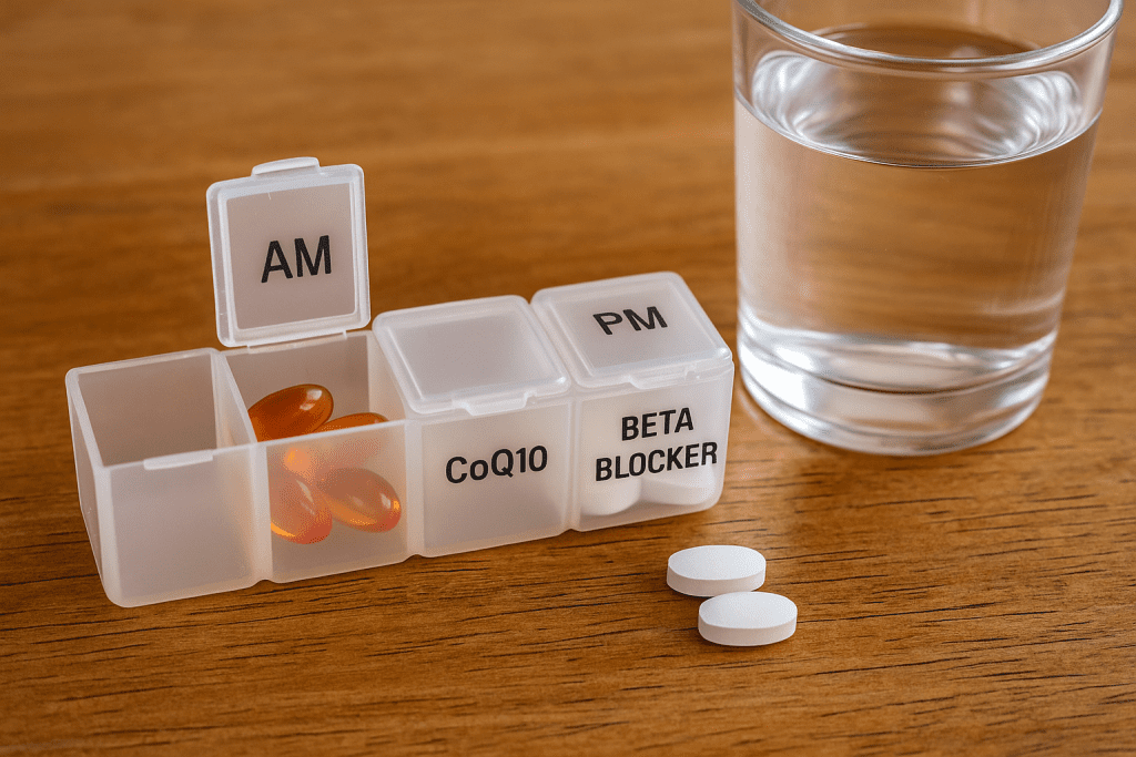 Morning supplement routine with CoQ10 and heart medication