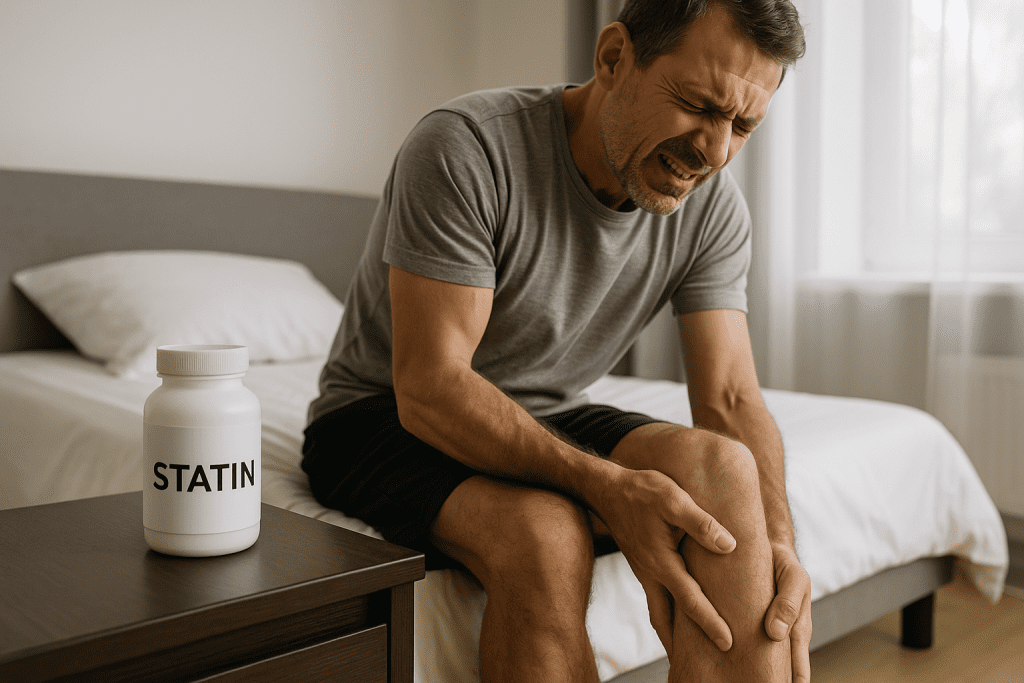 Man experiencing muscle pain next to statin medication bottle