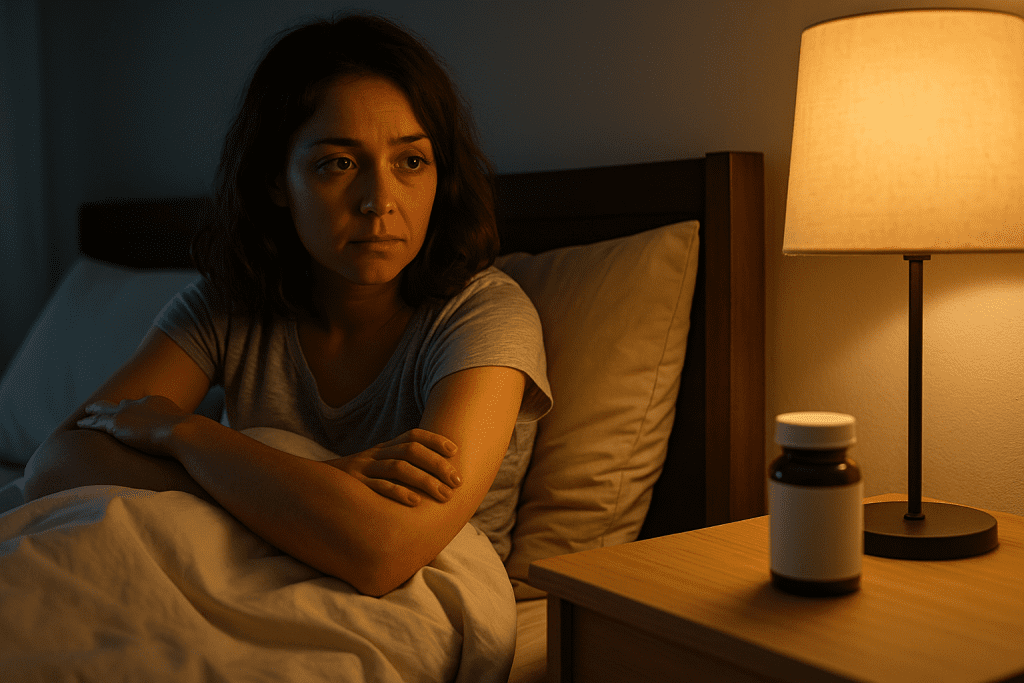 Woman awake in bed with herbal supplement bottle nearby, insomnia concept
