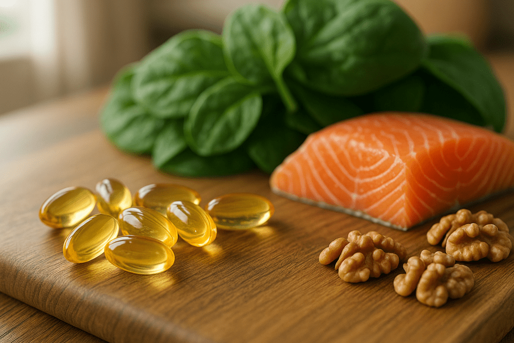 Omega-3 capsules with salmon, spinach, and walnuts