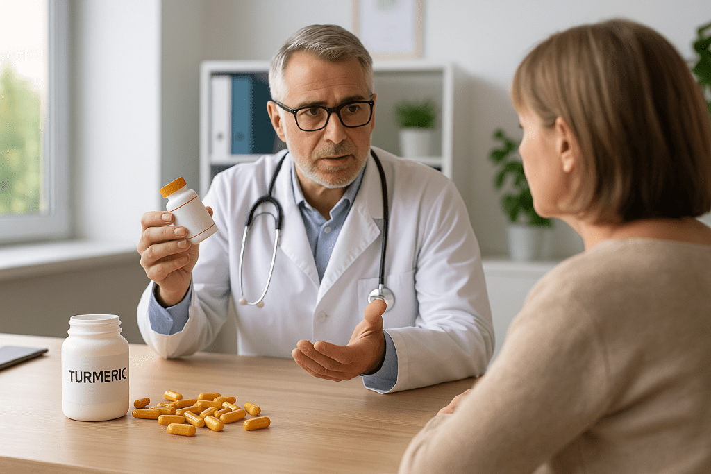 Oncologist and patient discussing turmeric supplement use during chemotherapy