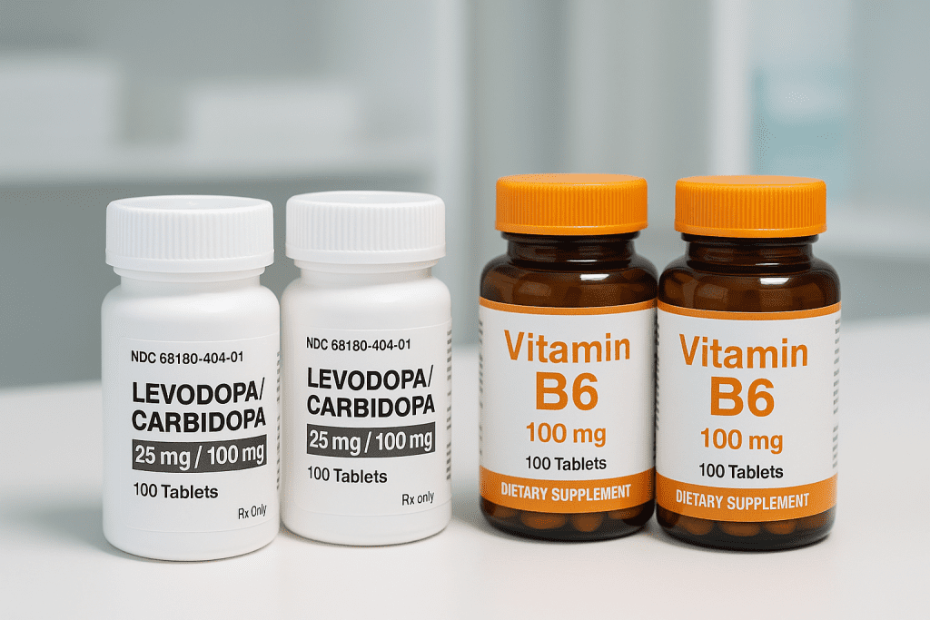 Levodopa and vitamin B6 bottles on counter showing medication-supplement interaction