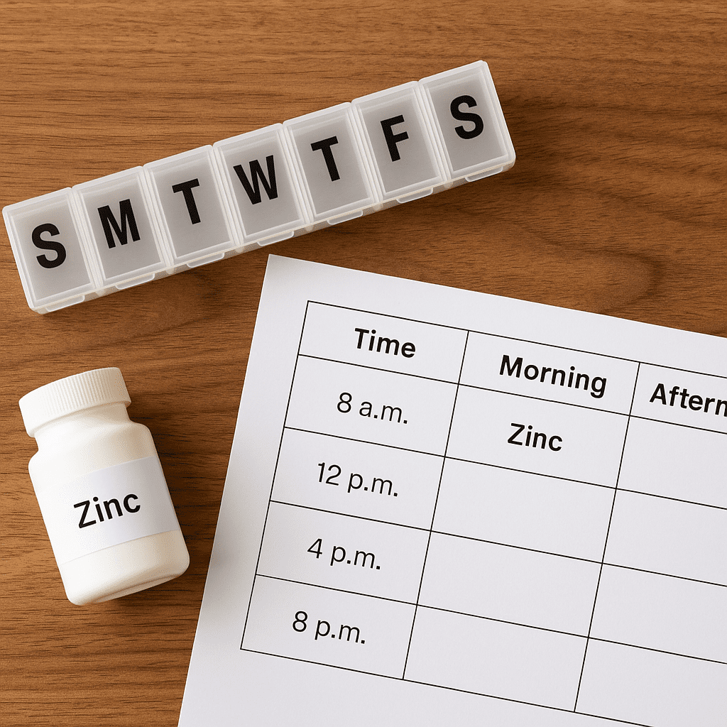 Overhead view of weekly pill organizer and zinc-antibiotic chart on wood desk
