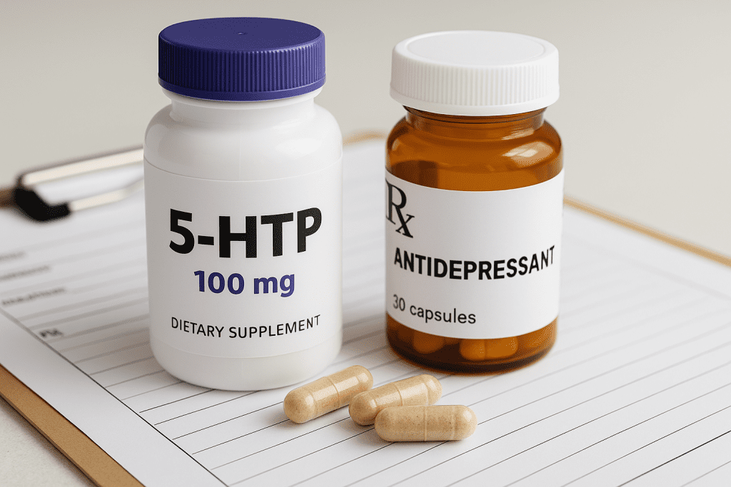 5-HTP and antidepressant medication on clinical chart with bright lighting