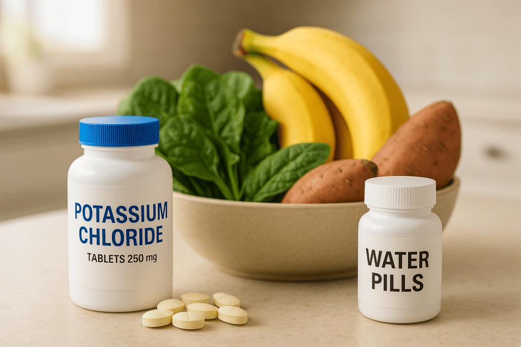 Potassium supplements and diuretic pills beside potassium-rich foods