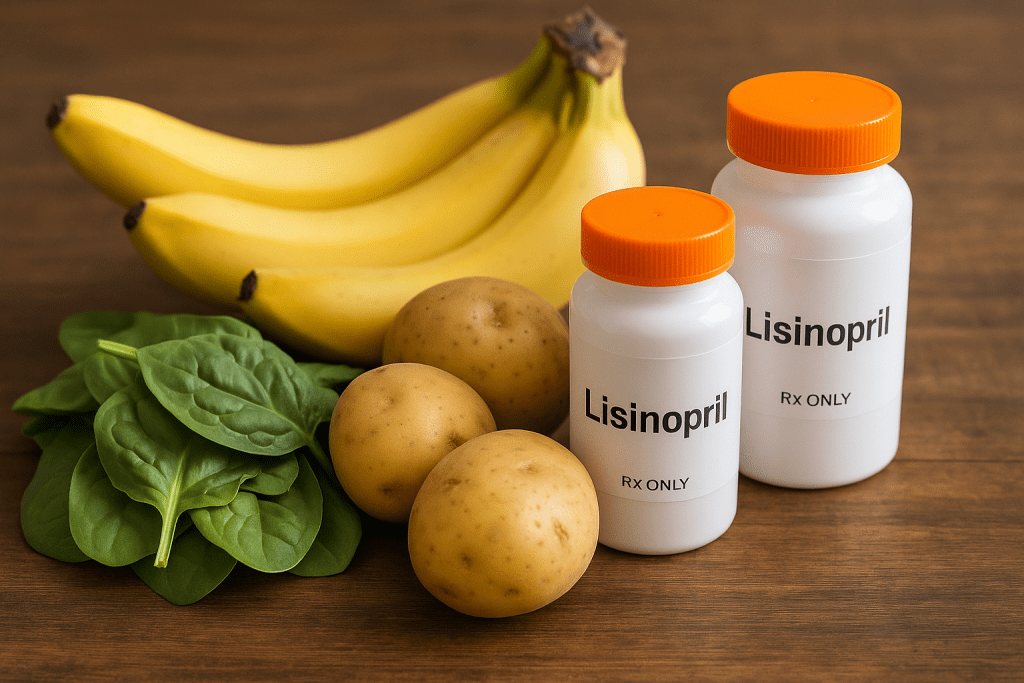 Potassium-rich foods like bananas and spinach near lisinopril bottles