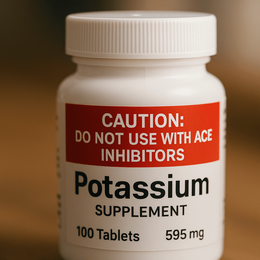 Potassium supplement bottle with ACE inhibitor warning label