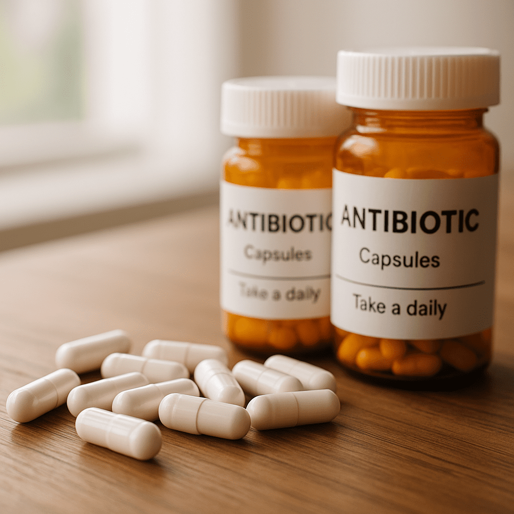 Probiotic and antibiotic capsules on a wooden table