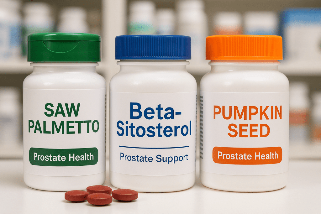 Prostate health supplements including saw palmetto on shelf