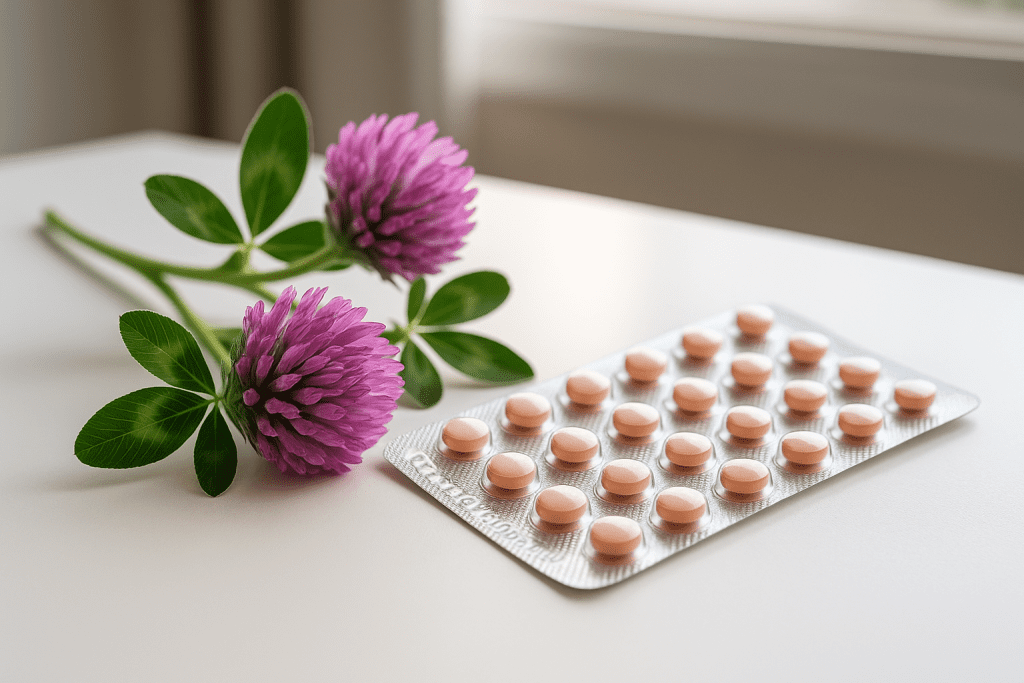 Red clover and HRT pills on table with natural lighting