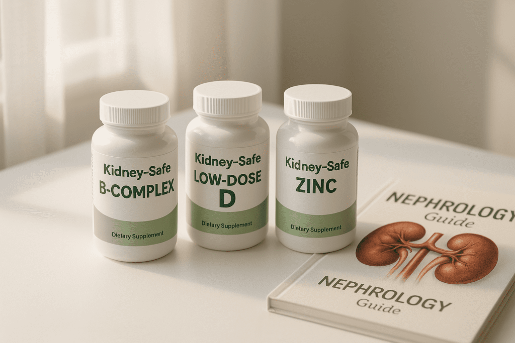 Renal-friendly supplements including B-complex and vitamin D on table with kidney guide