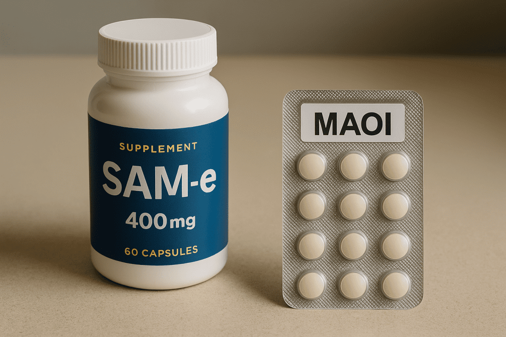 SAM-e supplement and MAOI pills on table