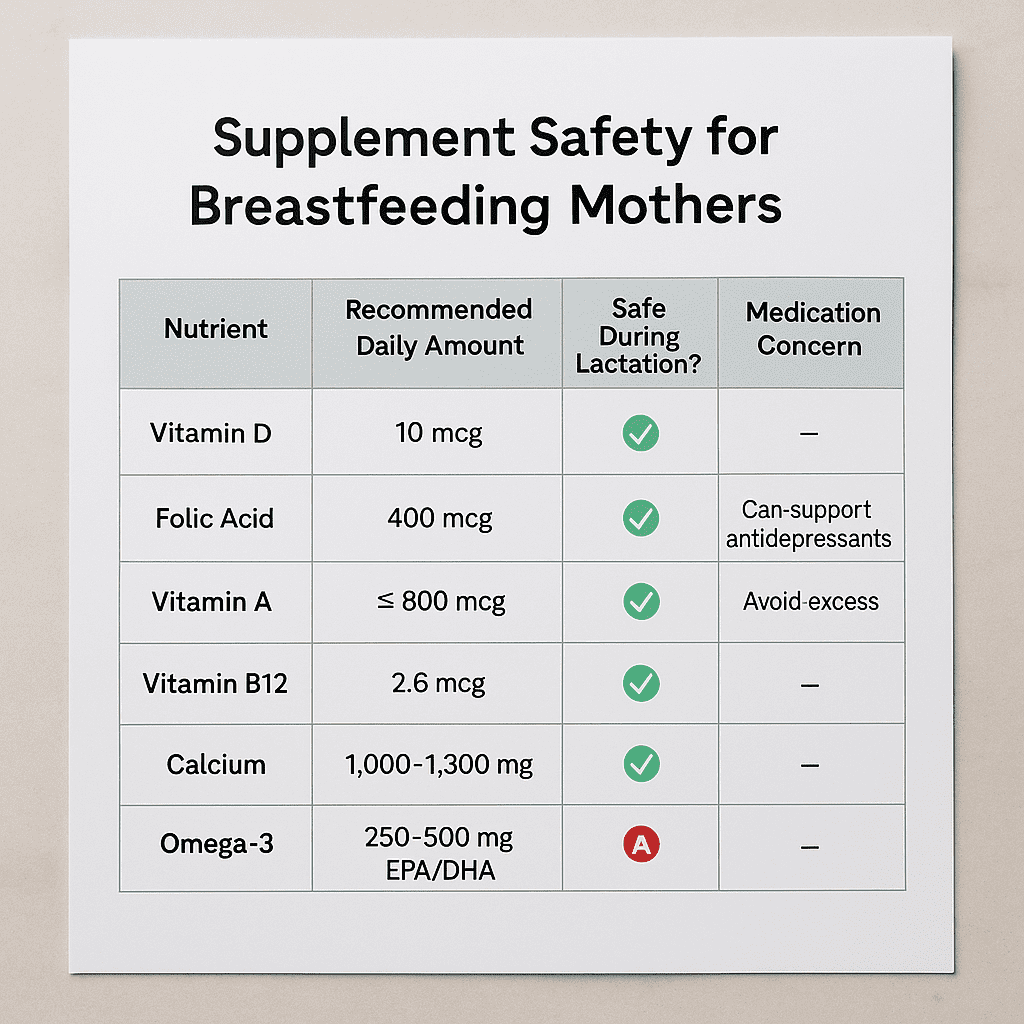 Supplement safety chart for lactating mothers on medications