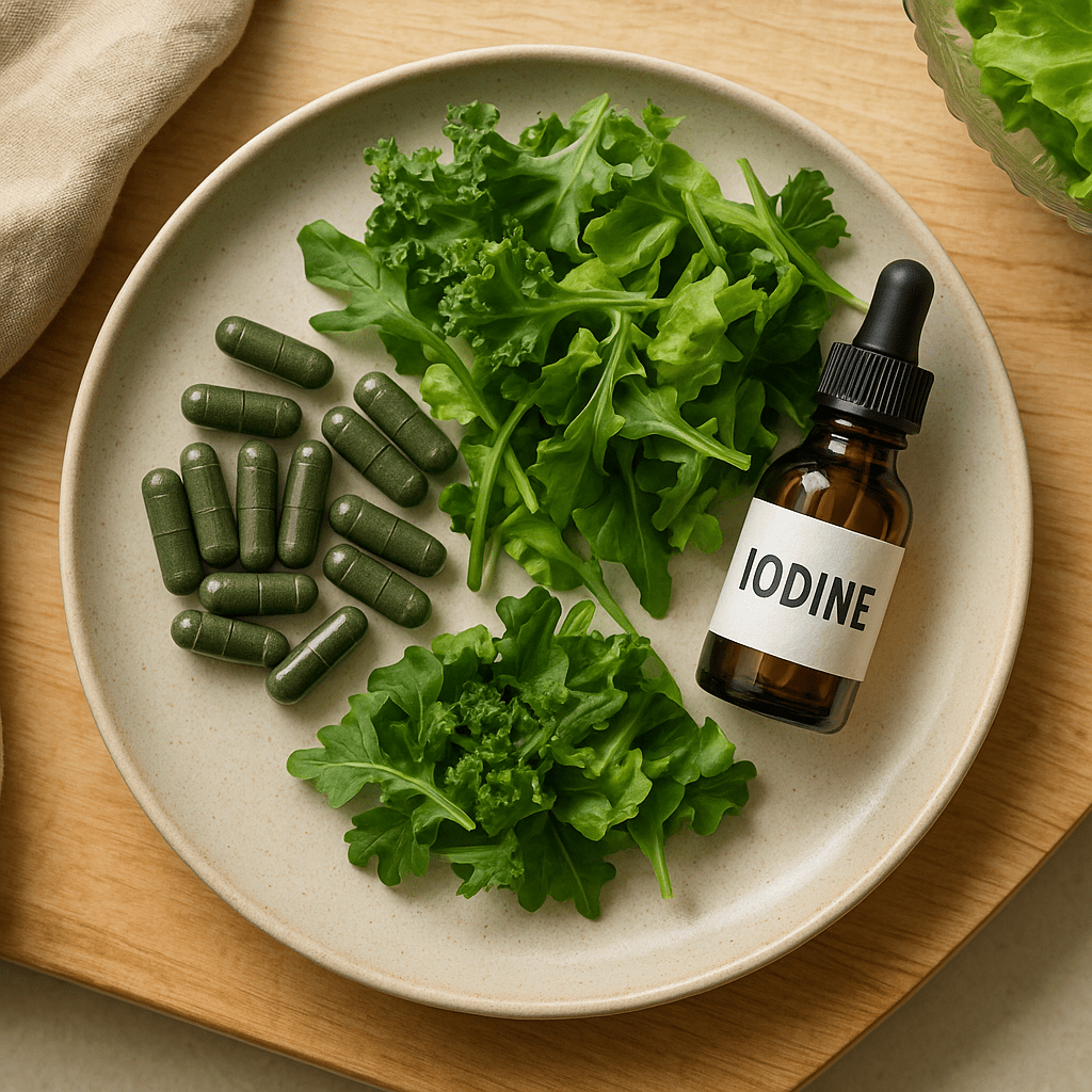 Iodine seaweed capsules on vegan plate with light lunch setting