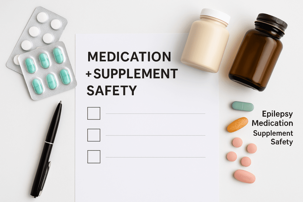 Checklist with seizure medications and supplements laid out on table