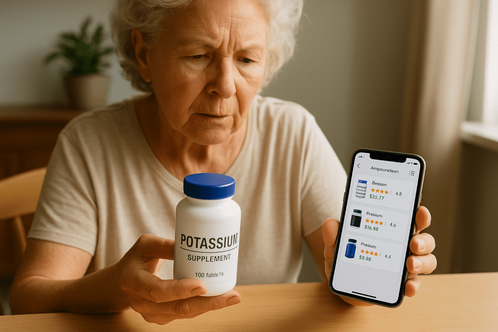 Senior woman reviewing potassium supplement with app open for comparison