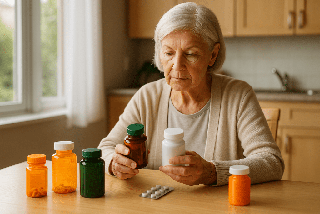 Senior woman checking supplements with prescription meds for elderly drug interactions