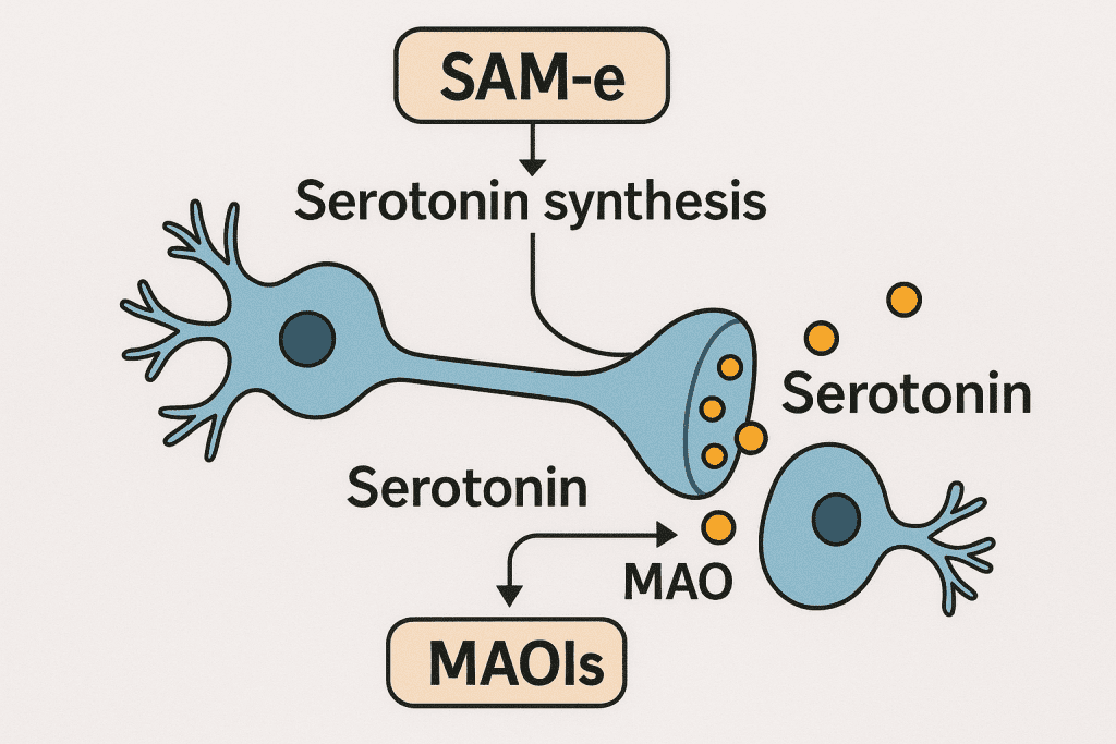 Diagram of SAM-e and MAOI impact on serotonin levels