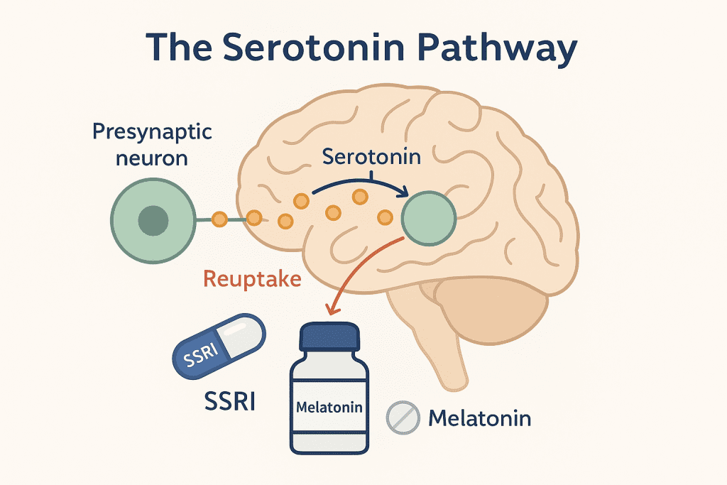 Diagram of serotonin pathway affected by SSRIs and melatonin
