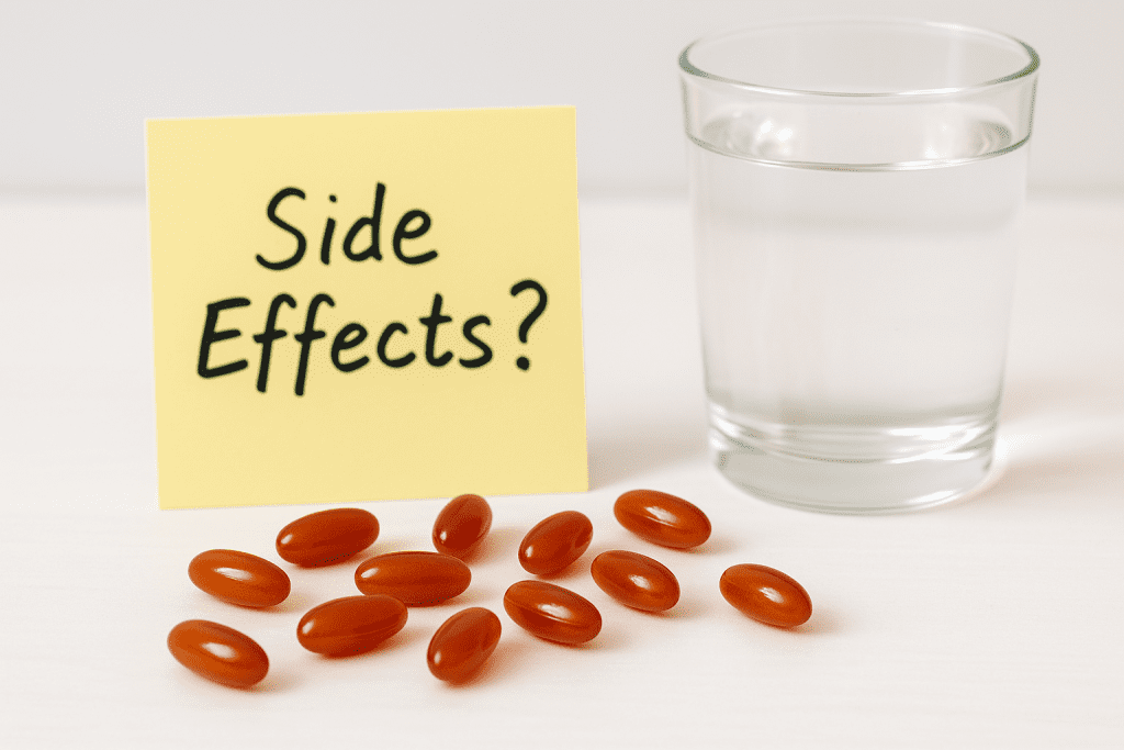 CoQ10 pills and water with a side effects warning note