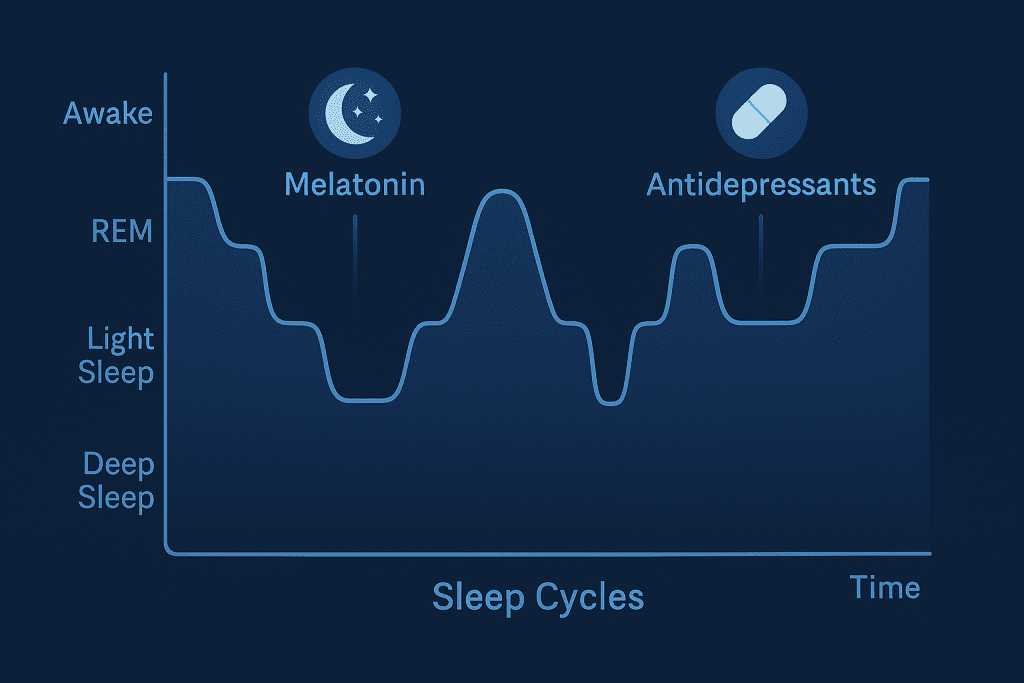 Sleep cycle chart showing melatonin and antidepressant effects