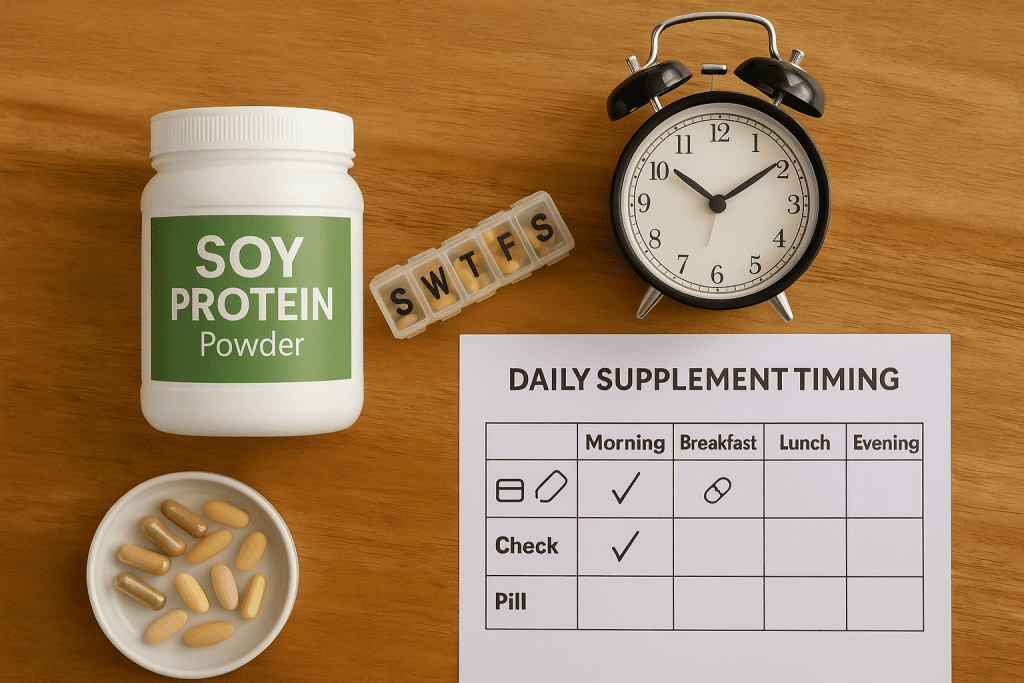 Soy protein, thyroid pills, and schedule chart for supplement timing