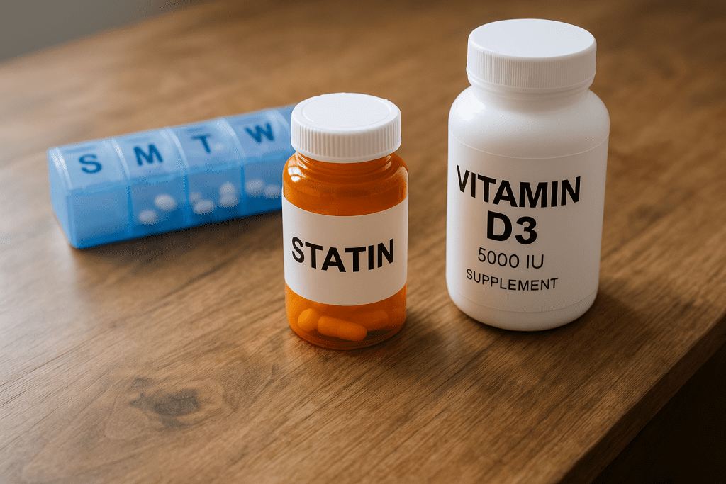 Statin medication and vitamin D supplement on wooden table with pill organizer