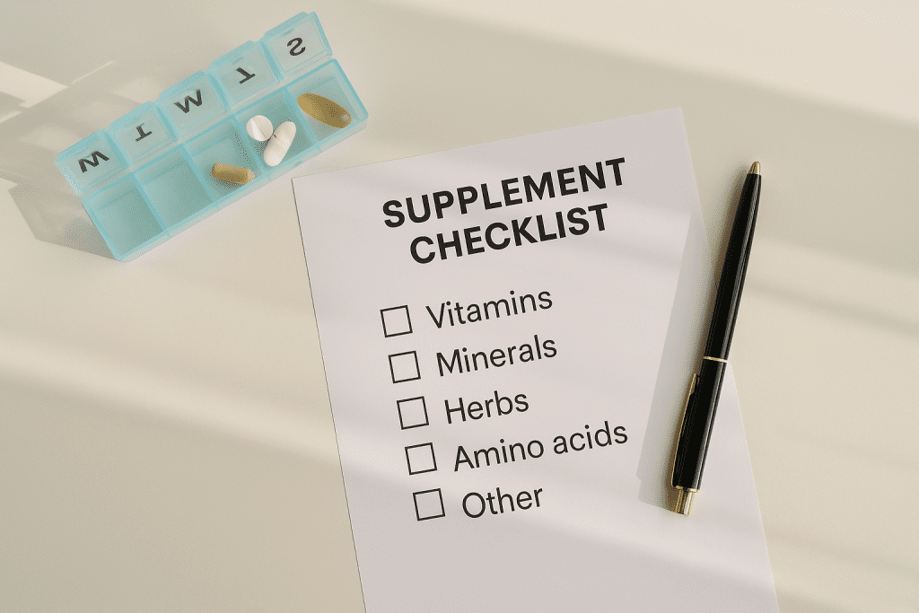 Cancer treatment supplement checklist with pill organizer