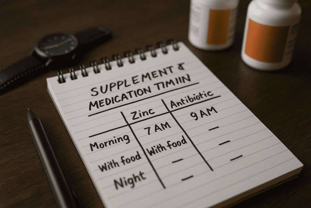 Handwritten chart showing timing for zinc and antibiotics next to pill bottles