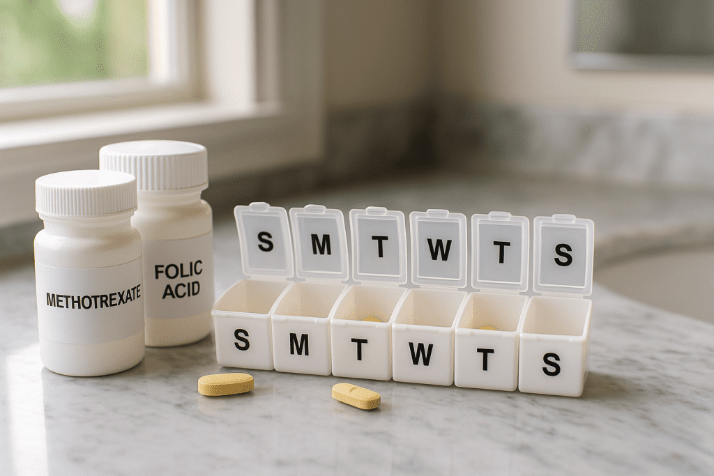Weekly pill organizer with methotrexate and folic acid, autoimmune meds supplement conflict