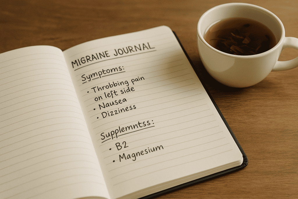 Headache journal tracking meds, supplements, and brain fog episodes