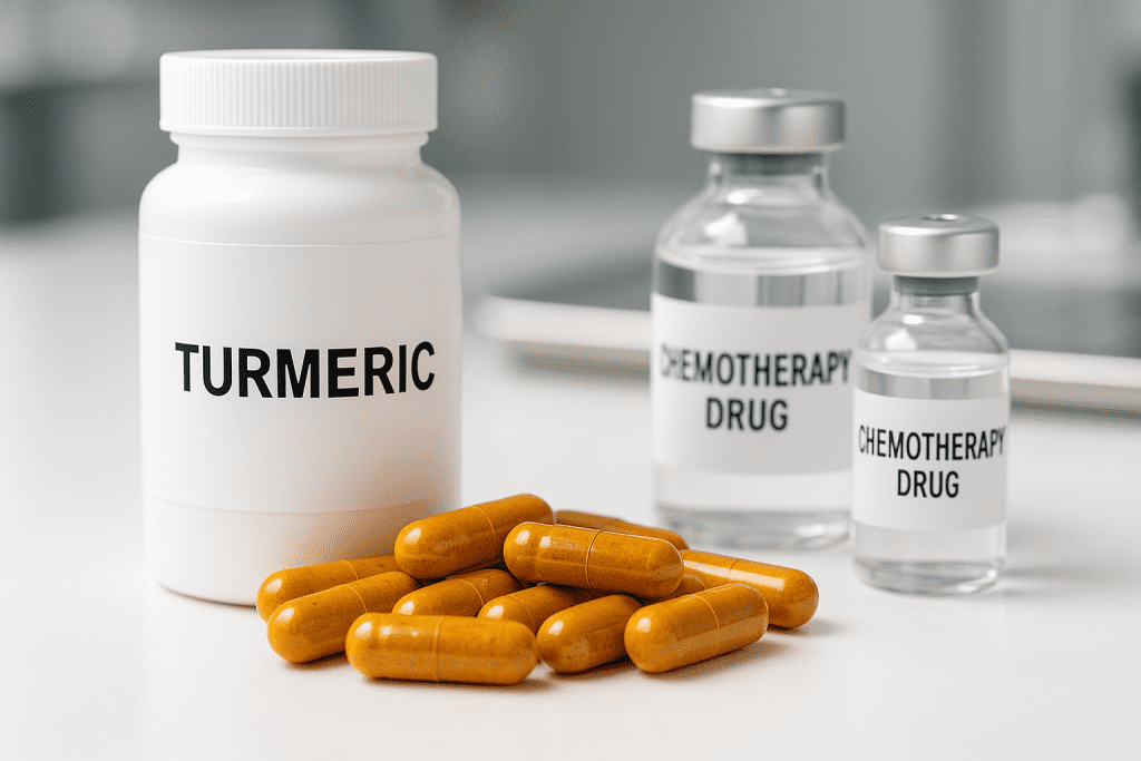 Turmeric capsules beside chemotherapy drug vials in medical setting