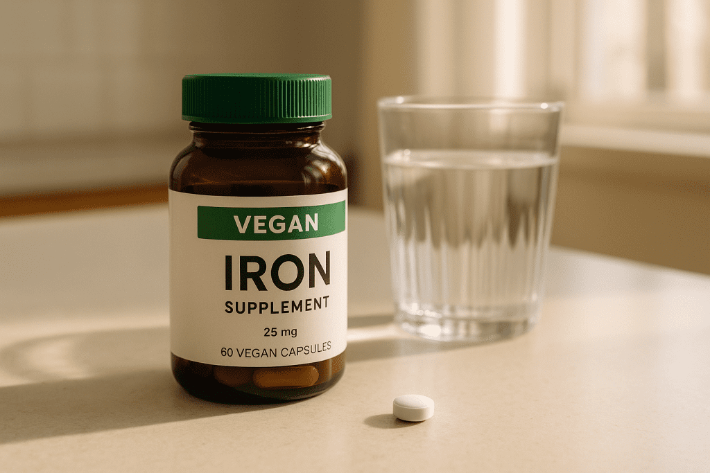 Vegan iron supplement and thyroid pill on counter with soft lighting