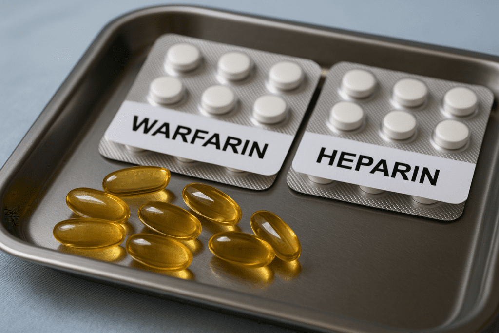 Vitamin E capsules next to blood thinner pills on a clinical tray