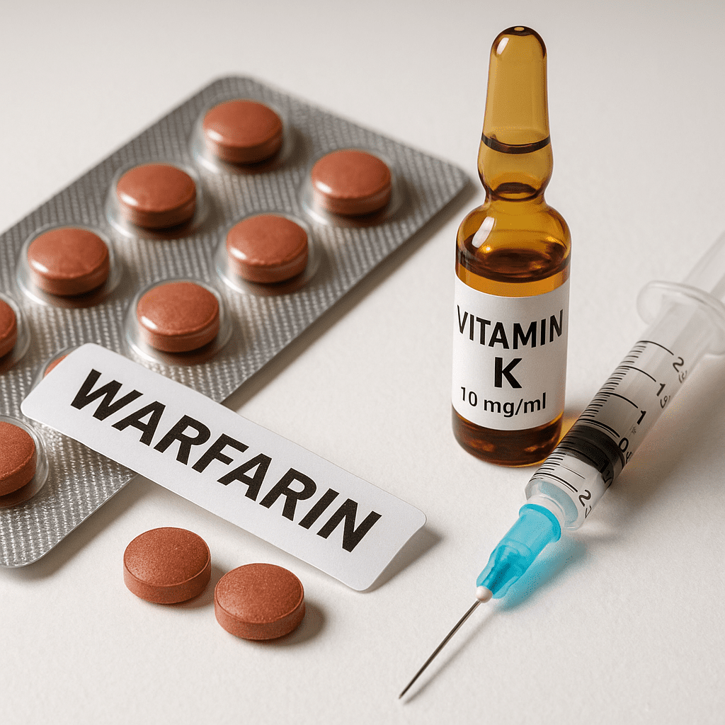 Warfarin pills and vitamin K ampoule on white surface