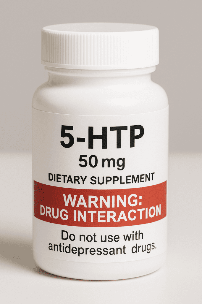 5-HTP supplement bottle with red drug interaction warning label