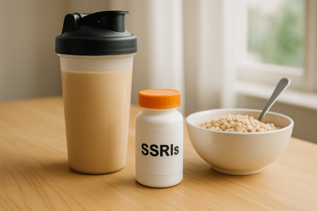 Protein shake and SSRI medication beside healthy breakfast