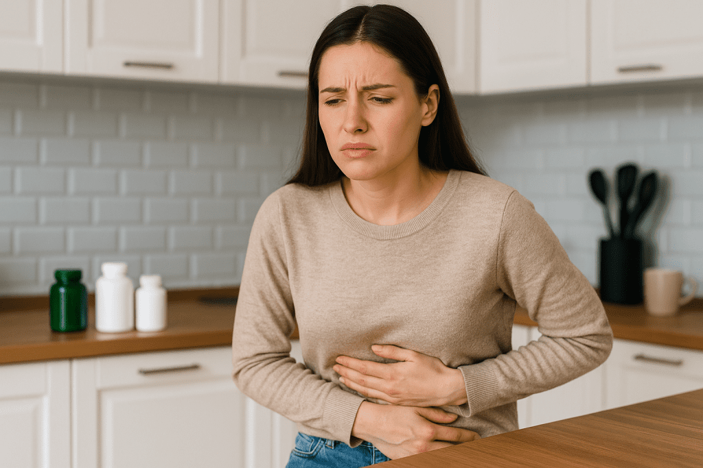 Woman feeling nauseous from taking zinc and antibiotics