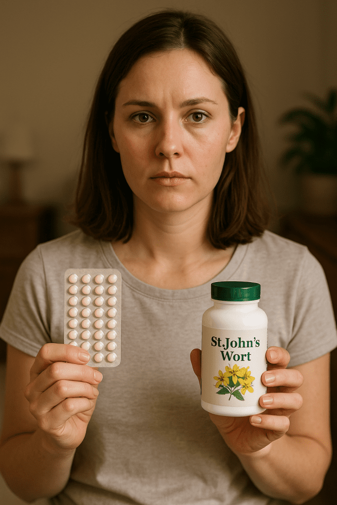 Woman comparing birth control pills and St. John's Wort bottle indoors