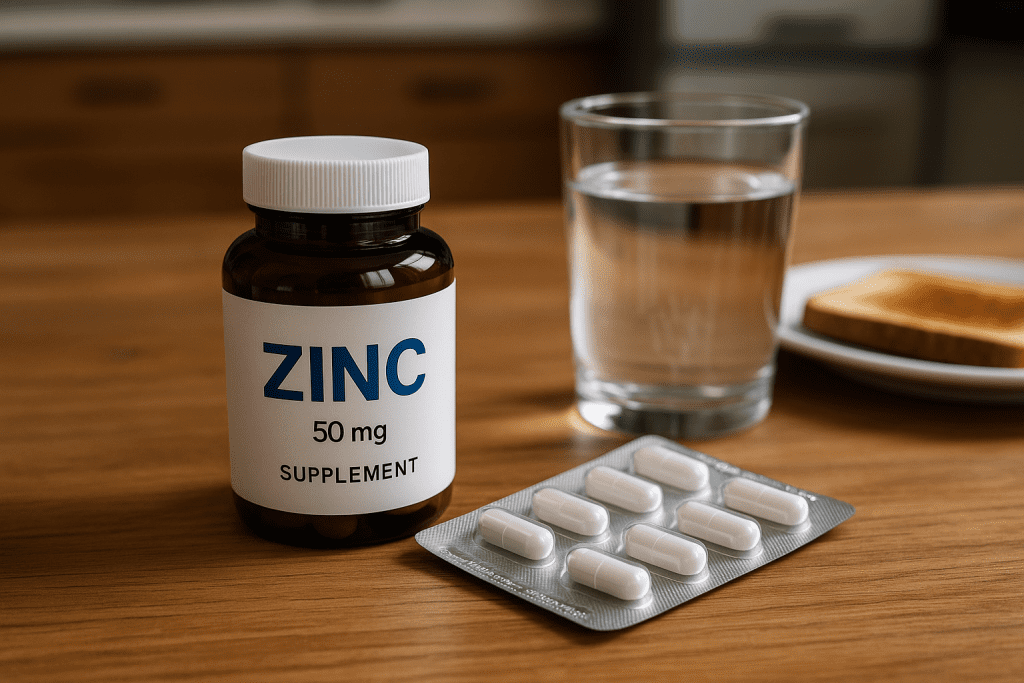 Zinc supplement and antibiotics with water and toast on kitchen table